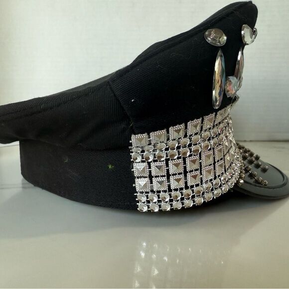 Black Rhinestone Captain Hat Unisex Crystal Bling Party Dance Performance Cap - Picture 4 of 7